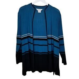 Exclusively MISOOK Knit Jacket Teal Blue Black Striped Contrast Trim Pockets XL
